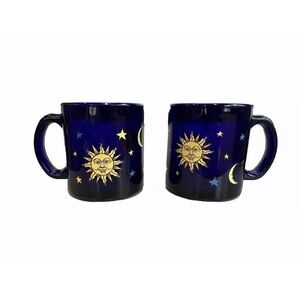 Vintage Libbey Cobalt Blue Glass Celestial Sun Moon and Stars Mug Set Of 2